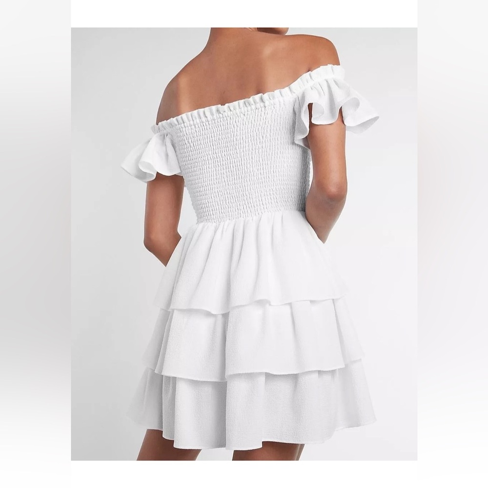EXPRESS White colored Off the Shoulder Ruffle Tiered Dress, Size L NWT - Picture 10 of 13